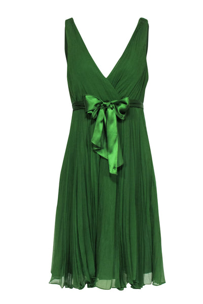Current Boutique-Rebecca Taylor - Emerald Chiffon Pleated A-Line Dress w/ Satin Belt Sz 6
