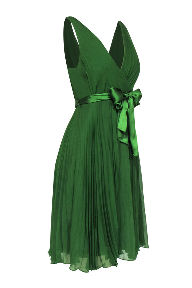 Current Boutique-Rebecca Taylor - Emerald Chiffon Pleated A-Line Dress w/ Satin Belt Sz 6