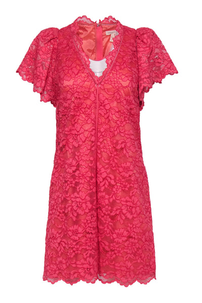 Current Boutique-Rebecca Taylor - Coral Floral Lace Puff Sleeve Shift Dress Sz 6