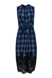 Current Boutique-Rebecca Taylor - Navy & Purple Plaid Sleeveless Tie Front Dress w/ Lace Hem