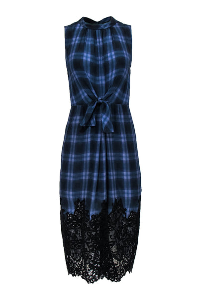 Current Boutique-Rebecca Taylor - Navy & Purple Plaid Sleeveless Tie Front Dress w/ Lace Hem