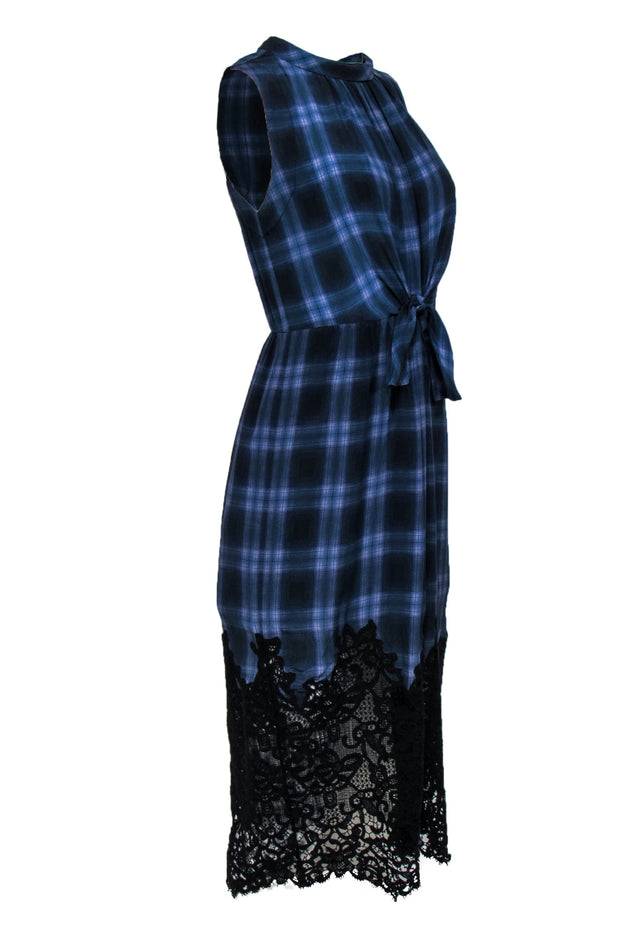 Current Boutique-Rebecca Taylor - Navy & Purple Plaid Sleeveless Tie Front Dress w/ Lace Hem