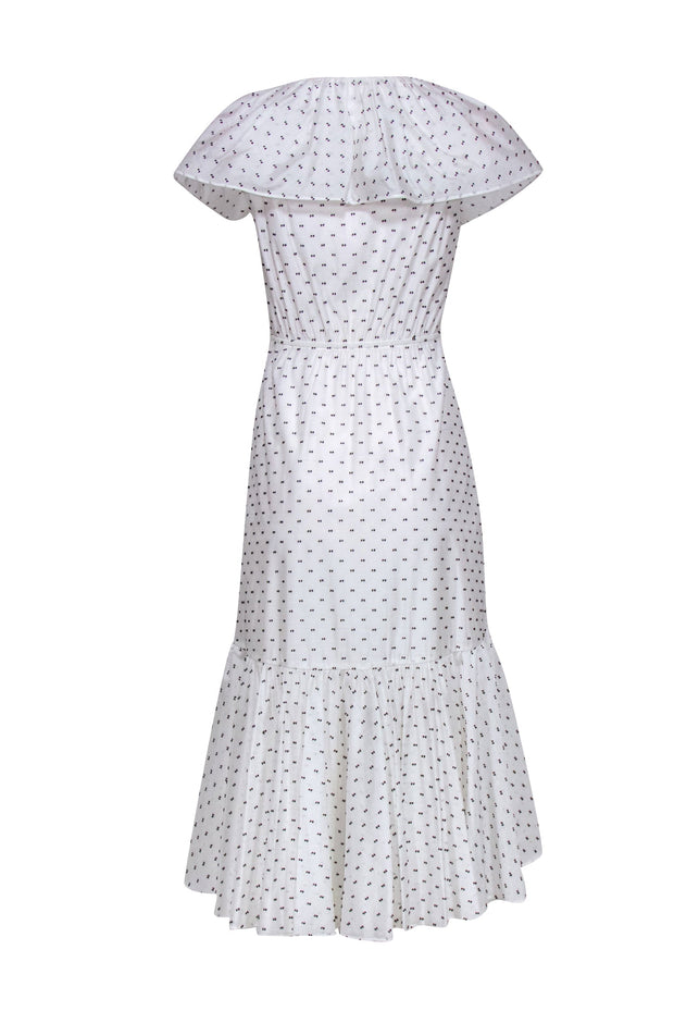 Current Boutique-Rebecca Taylor - White Ruffled Maxi Dress w/ Navy Embroidered Polka Dots Sz 2