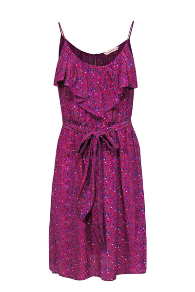 Current Boutique-Rebecca Taylor - Purple Printed Sleeveless Belted Mini Dress w/ Ruffle Sz 4