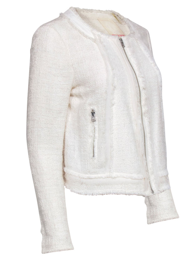 Current Boutique-Rebecca Taylor - White Tweed Jacket w/ Lamb Leather Sz 10