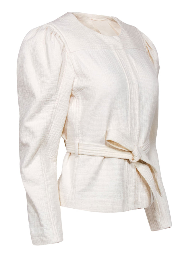 Current Boutique-La Vie Rebecca Taylor - Cream Linen Cropped Summer Jacket w/ Tie Sz M