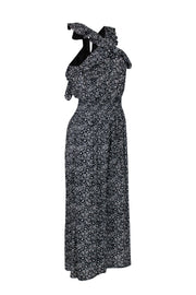 Current Boutique-Rebecca Taylor - Black & White Floral Print Silk Wide Leg Jumpsuit w/ Ruffle Neckline Sz 4