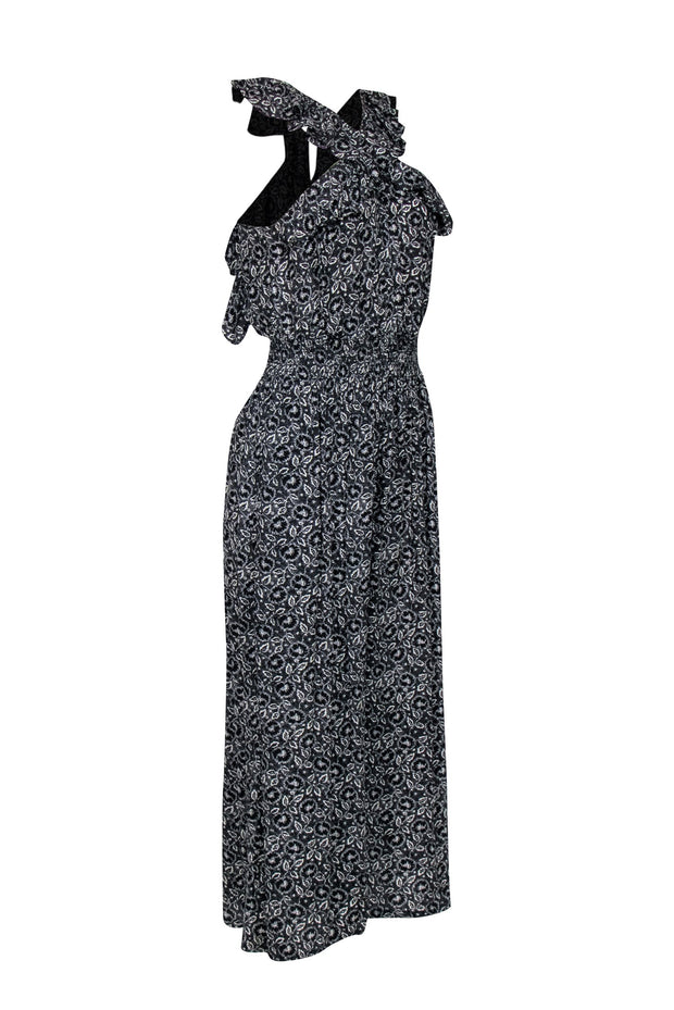 Current Boutique-Rebecca Taylor - Black & White Floral Print Silk Wide Leg Jumpsuit w/ Ruffle Neckline Sz 4