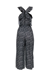 Current Boutique-Rebecca Taylor - Black & White Floral Print Silk Wide Leg Jumpsuit w/ Ruffle Neckline Sz 4