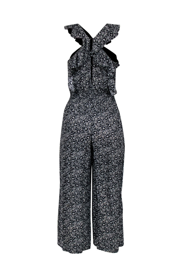 Current Boutique-Rebecca Taylor - Black & White Floral Print Silk Wide Leg Jumpsuit w/ Ruffle Neckline Sz 4
