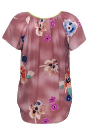 Current Boutique-Rebecca Taylor - Mauve & Multicolor Floral Print Short Sleeve Silk Blouse Sz 2