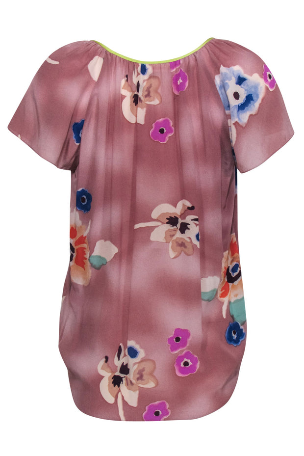 Current Boutique-Rebecca Taylor - Mauve & Multicolor Floral Print Short Sleeve Silk Blouse Sz 2
