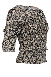 Current Boutique-Rebecca Taylor - Black & Nude Print Blouse w/ Smocked Detail Sz XS