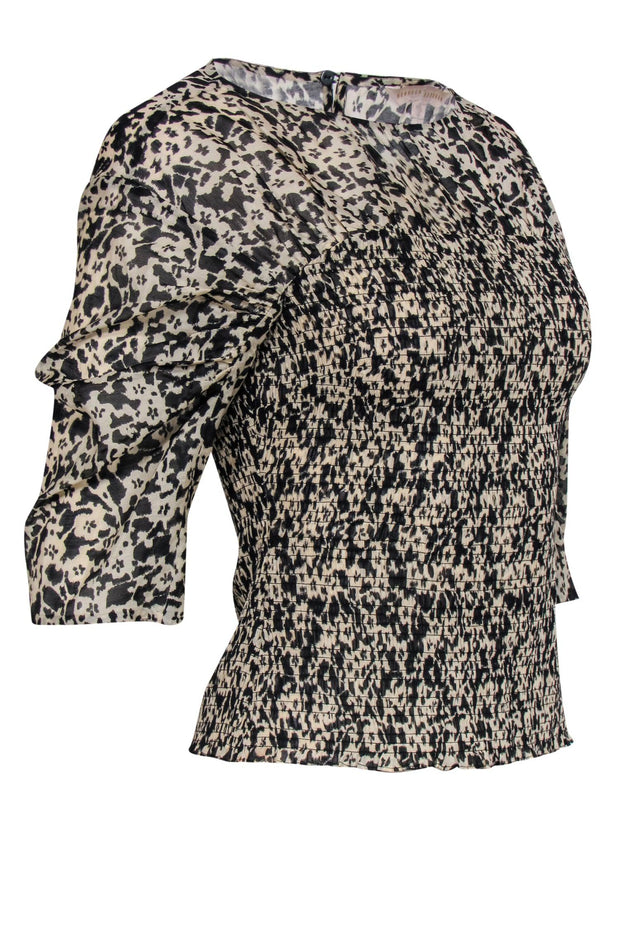 Current Boutique-Rebecca Taylor - Black & Nude Print Blouse w/ Smocked Detail Sz XS