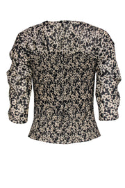 Current Boutique-Rebecca Taylor - Black & Nude Print Blouse w/ Smocked Detail Sz XS