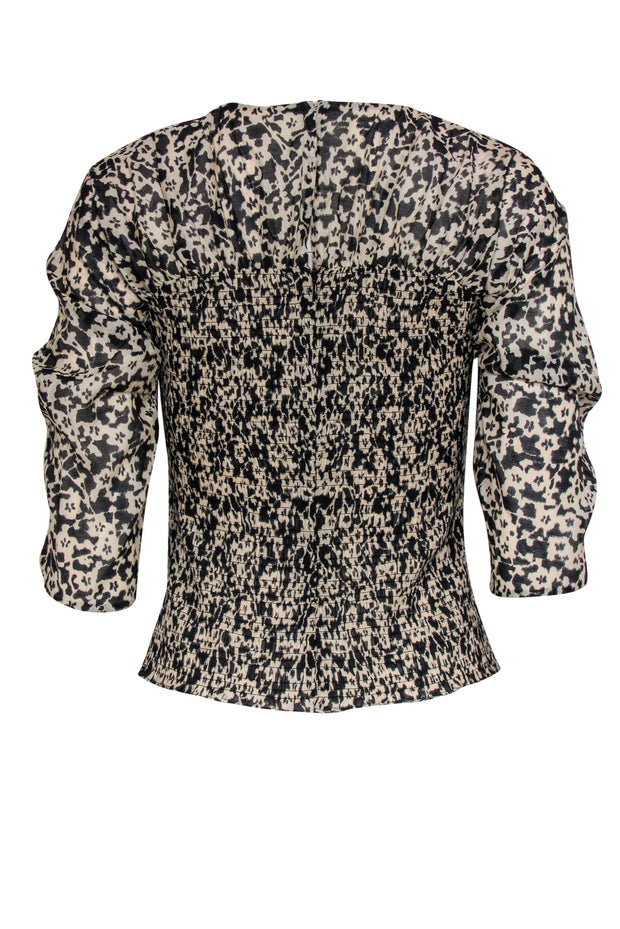 Current Boutique-Rebecca Taylor - Black & Nude Print Blouse w/ Smocked Detail Sz XS