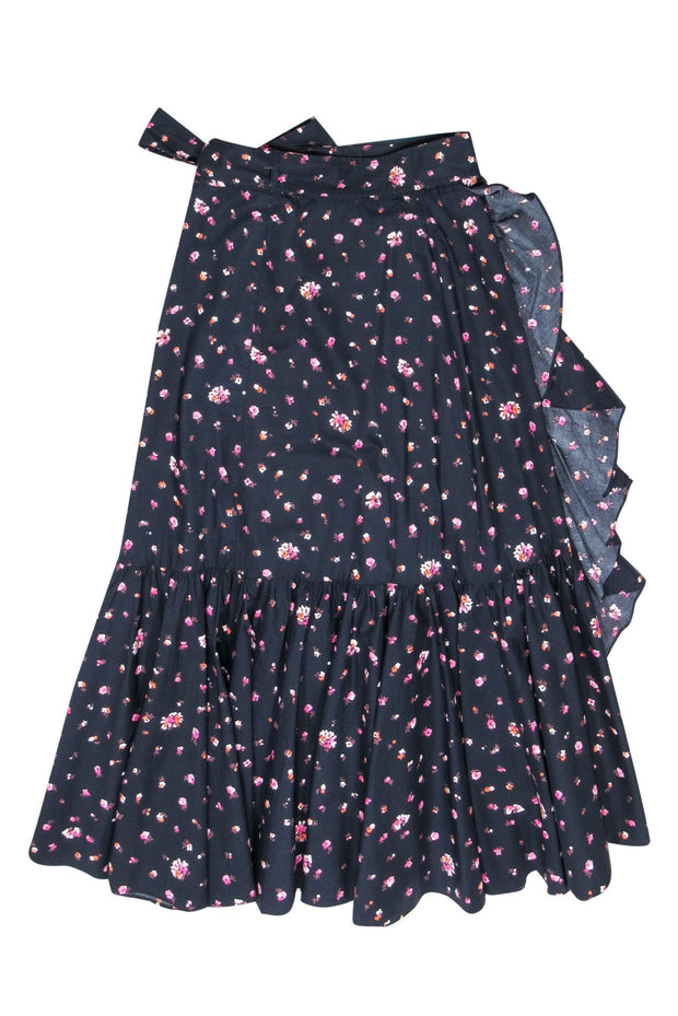 Current Boutique-Rebecca Taylor - Navy & Multicolor Floral Print Ruffled Midi Wrap Skirt Sz 4