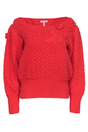 Current Boutique-Rebecca Taylor - Coral Textured Knit Floral Embroidered Boatneck Sweater Sz XL