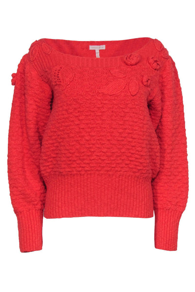 Current Boutique-Rebecca Taylor - Coral Textured Knit Floral Embroidered Boatneck Sweater Sz XL
