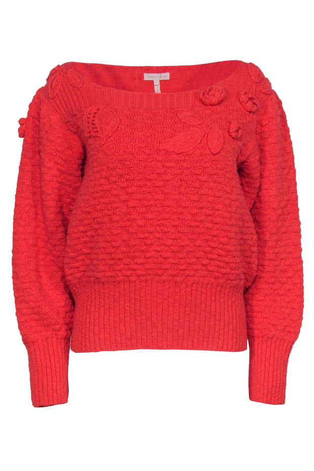Current Boutique-Rebecca Taylor - Coral Textured Knit Floral Embroidered Boatneck Sweater Sz XL