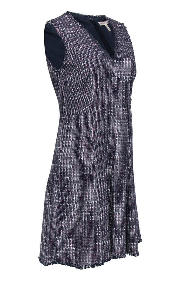 Current Boutique-Rebecca Taylor - Navy & Pink Tweed Sleeveless A-Line Dress w/ Frayed Trim Sz 8