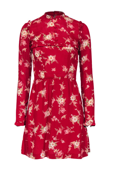 Current Boutique-Reformation - Red Floral High Neck Mini Dress w/ Ruffle Trim Sz 0