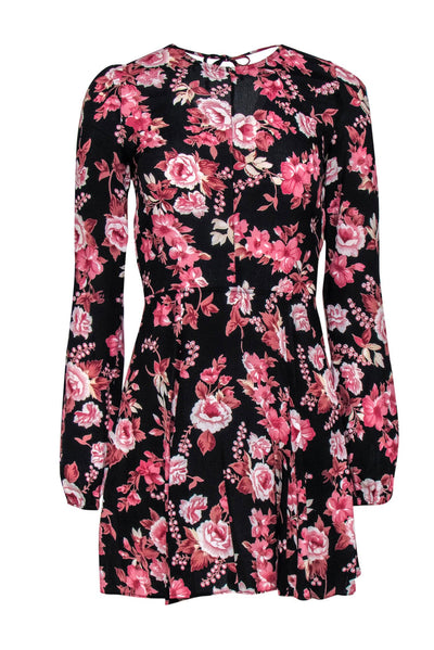 Current Boutique-Reformation - Black & Floral Print Long Sleeve Open Back Mini Dress Sz S
