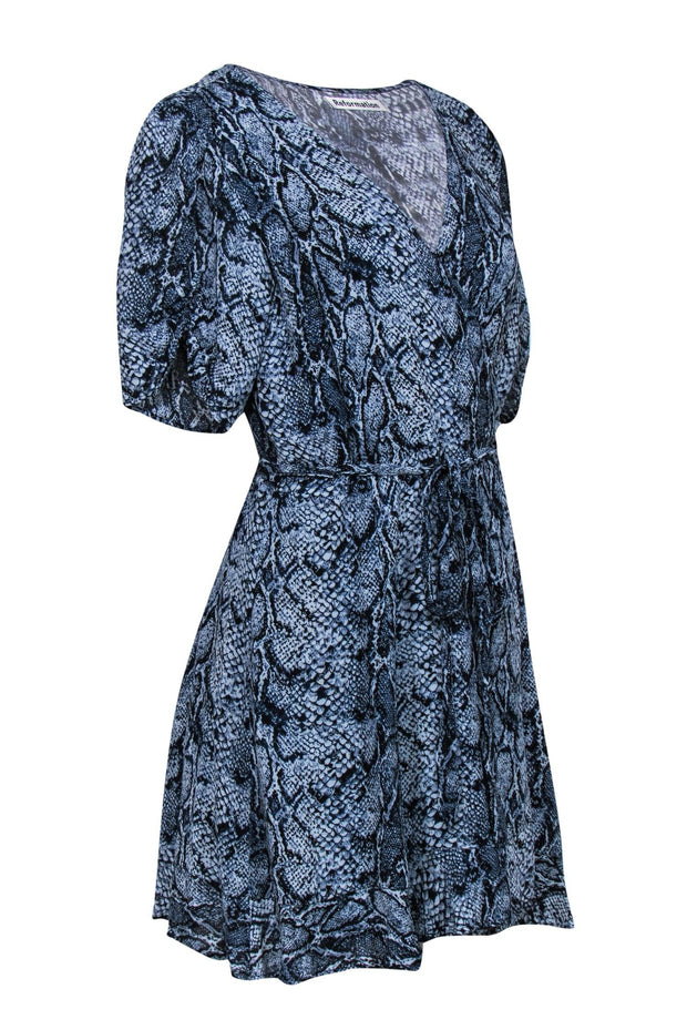Current Boutique-Reformation - Blue Snakeskin Print Ruched Sleeve Wrap Dress Sz 1X