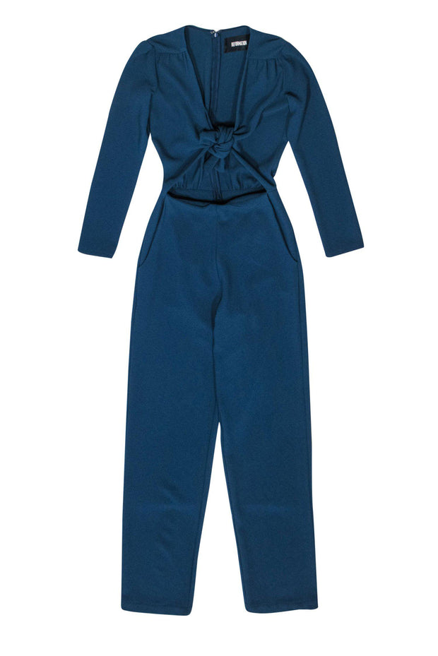Current Boutique-Reformation - Dark Teal Straight Leg Long Sleeve Tie Front Jumpsuit Sz 0