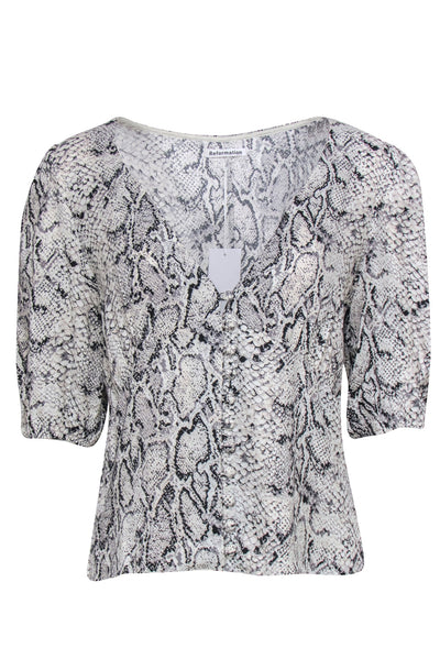 Current Boutique-Reformation - Black & White Snakeskin Print Puff Sleeve Blouse Sz XL