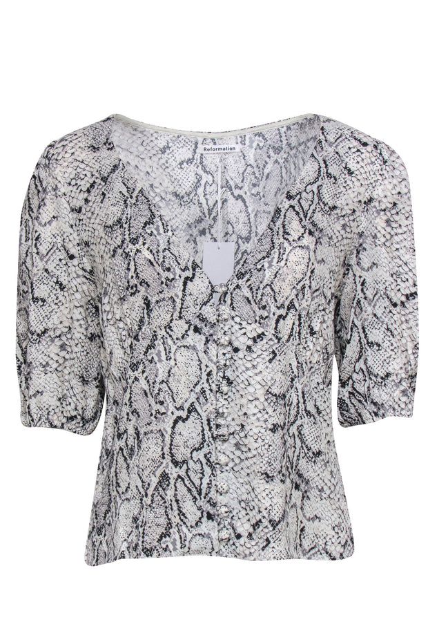 Current Boutique-Reformation - Black & White Snakeskin Print Puff Sleeve Blouse Sz XL