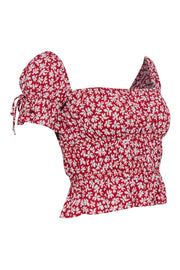 Current Boutique-Reformation - Red & White Floral Print Short Sleeve Ruched Crop Top Sz XS