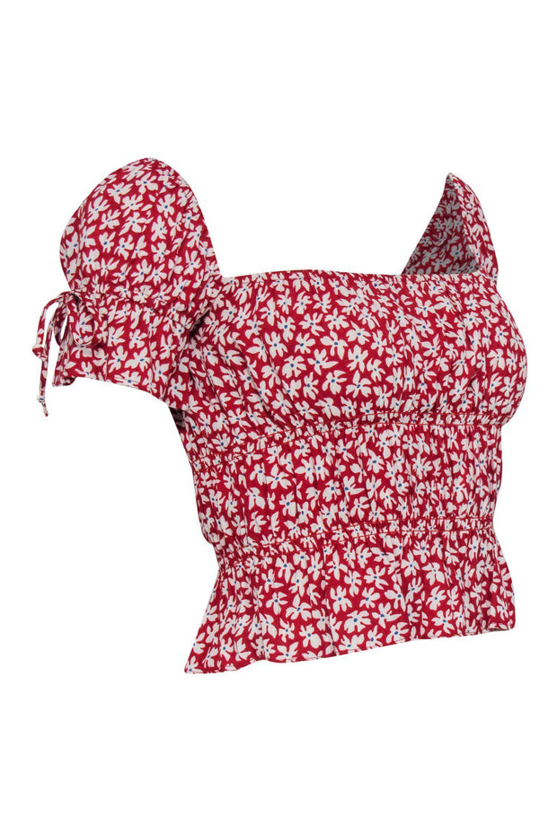 Current Boutique-Reformation - Red & White Floral Print Short Sleeve Ruched Crop Top Sz XS