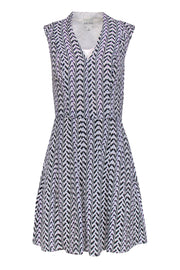 Current Boutique-Reiss - White Silk Dress w/ Black & Purple Zig-Zag Pattern Sz 0