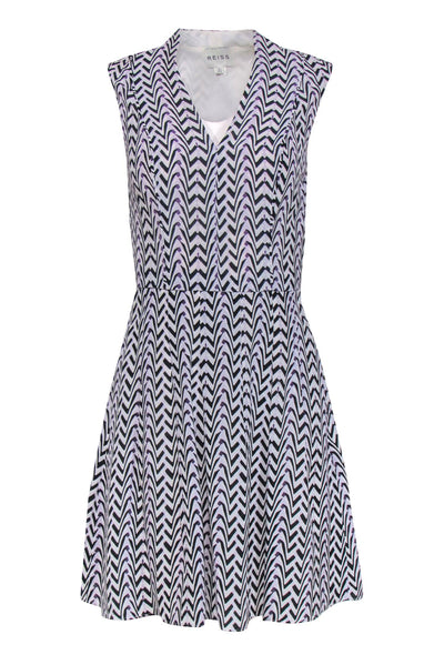 Current Boutique-Reiss - White Silk Dress w/ Black & Purple Zig-Zag Pattern Sz 0