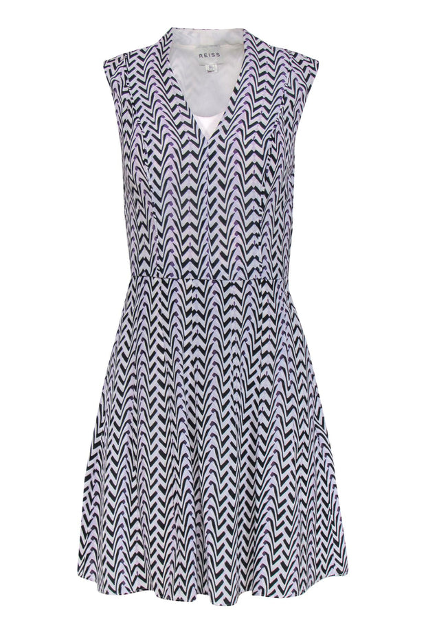 Current Boutique-Reiss - White Silk Dress w/ Black & Purple Zig-Zag Pattern Sz 0