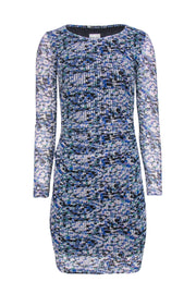 Current Boutique-Reiss - Blue, White & Green Perforated Mesh Ruched Bodycon Dress Sz 2