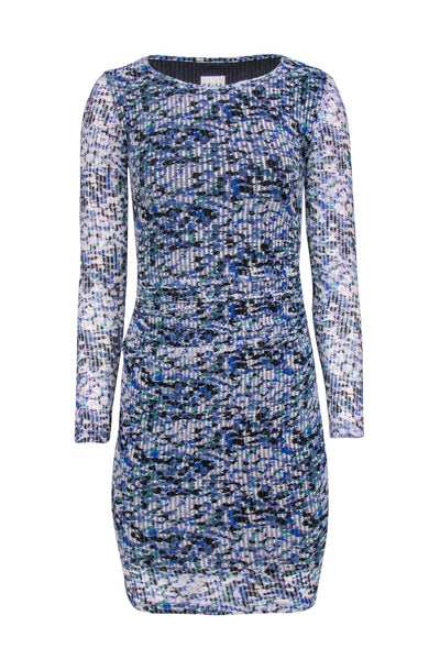 Current Boutique-Reiss - Blue, White & Green Perforated Mesh Ruched Bodycon Dress Sz 2