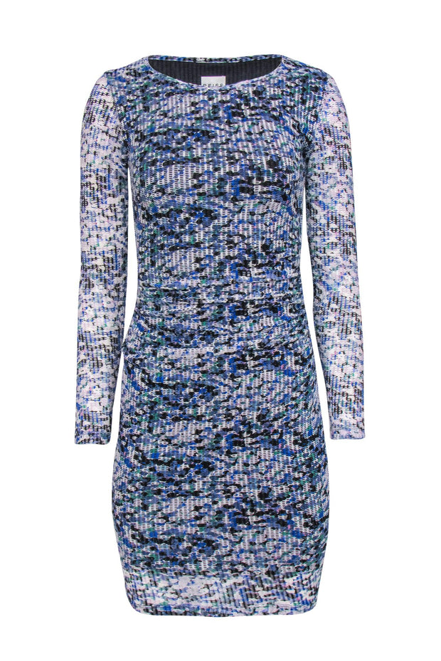Current Boutique-Reiss - Blue, White & Green Perforated Mesh Ruched Bodycon Dress Sz 2