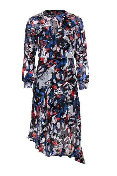 Current Boutique-Reiss - Red, White & Blue Floral Print Sheer Long Sleeve Dress Sz XS
