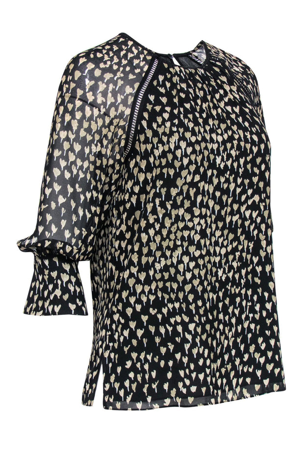 Current Boutique-Reiss - Black & Taupe Floral Print Silky Peasant Top Sz 2