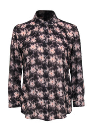 Current Boutique-Reiss - Dark Gray & Pink Floral Collared Blouse Sz 6