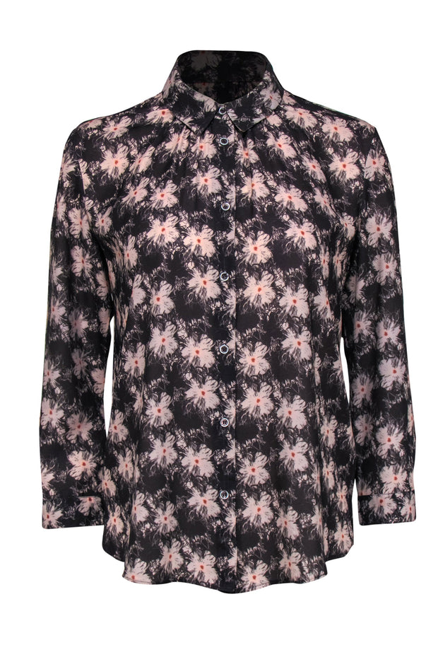 Current Boutique-Reiss - Dark Gray & Pink Floral Collared Blouse Sz 6