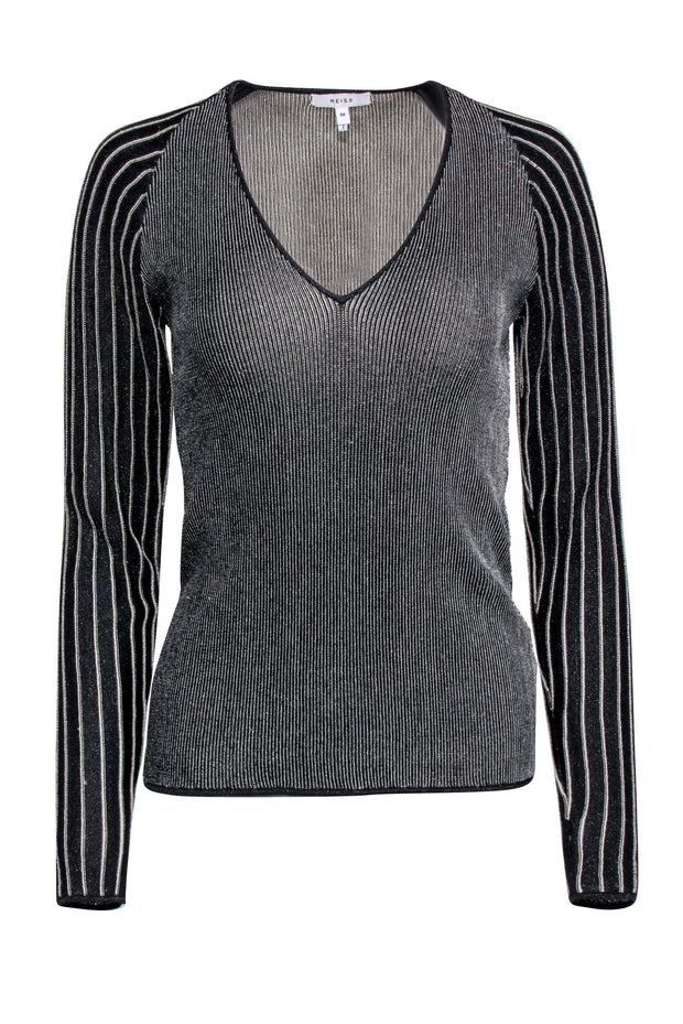 Current Boutique-Reiss - Black & Gold Sparkle Rib Knit Long Sleeve Shirt Sz M