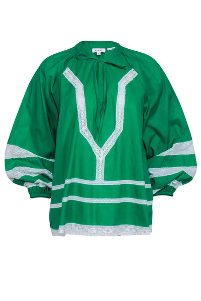 Current Boutique-Rhode - Green w/ White Eyelet Lace Trimming Long Sleeve Top Sz M