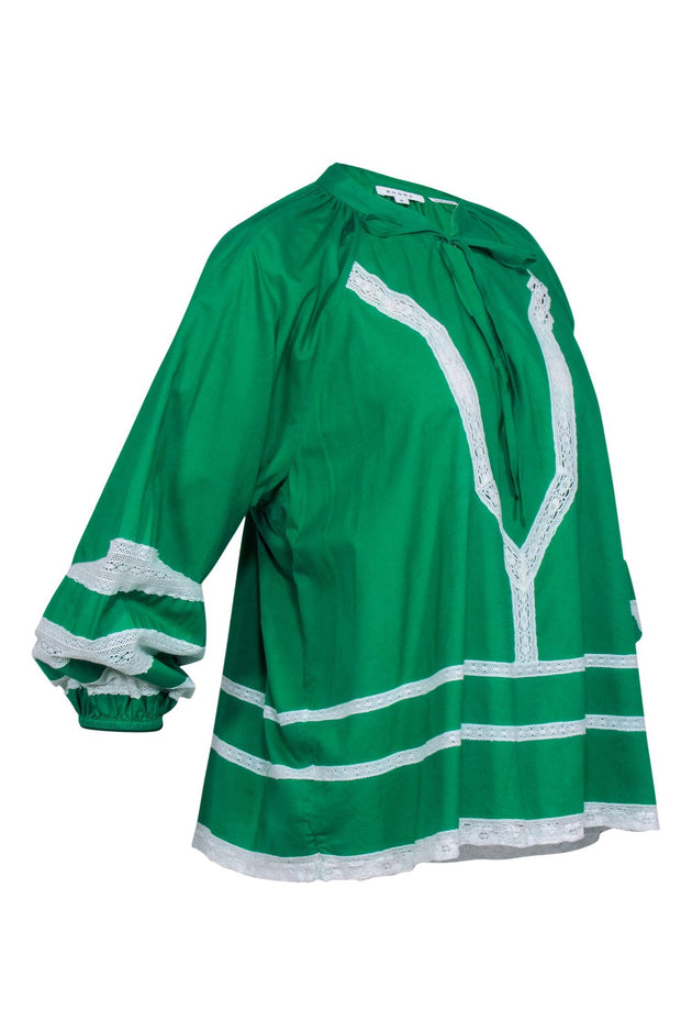 Current Boutique-Rhode - Green w/ White Eyelet Lace Trimming Long Sleeve Top Sz M