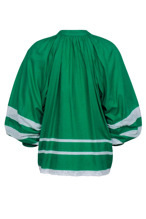 Current Boutique-Rhode - Green w/ White Eyelet Lace Trimming Long Sleeve Top Sz M