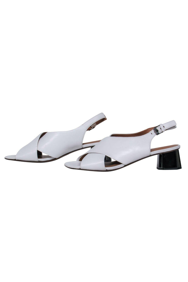 Current Boutique-Robert Clergerie - White Smooth Leather Slingback Scalloped Block Heels Sz 8.5