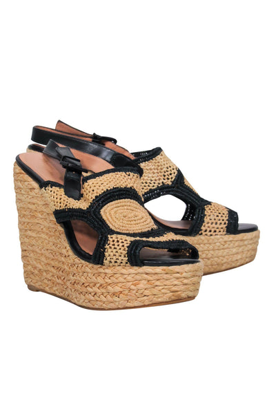 Current Boutique-Robert Clergerie - Tan Woven Platform Wedges w/ Black Trim Sz 9.5