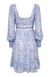 Current Boutique-Rococo Sand - White, Blue & Pink Printed Metallic Dress w/ Lace Sz P